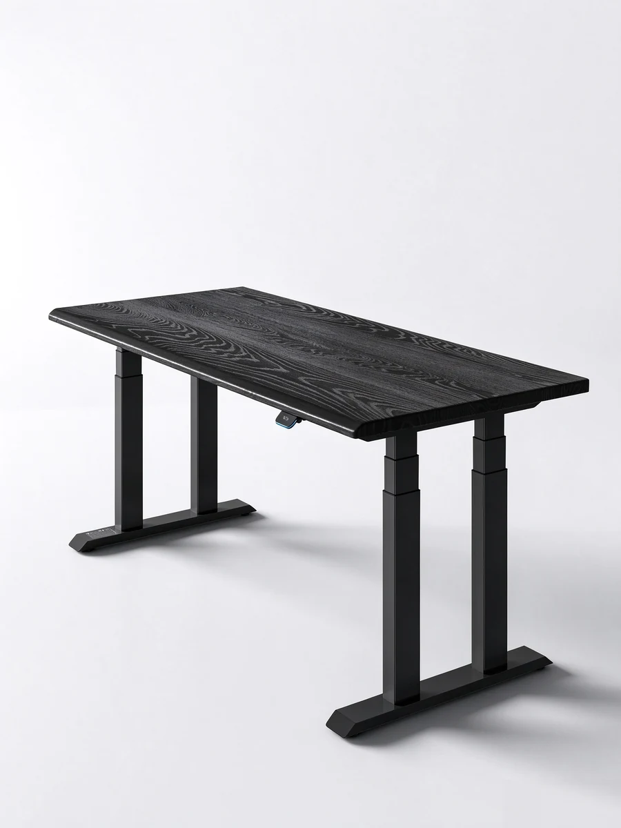 Black wood-grain standing desk with black frame
